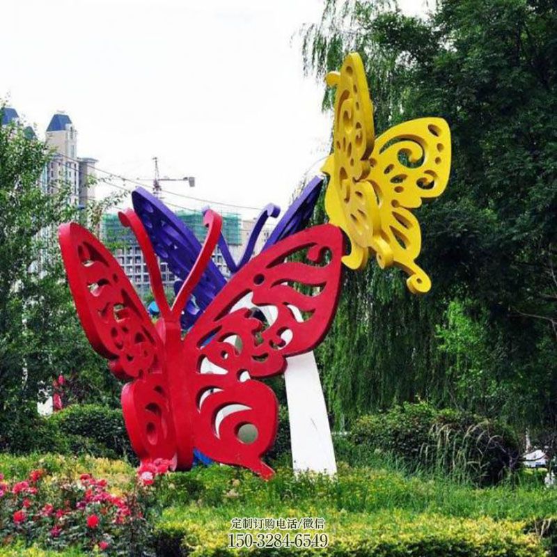 镜面蝴蝶群雕塑 现代昆虫雕塑定制 现代群蝴蝶雕塑定制